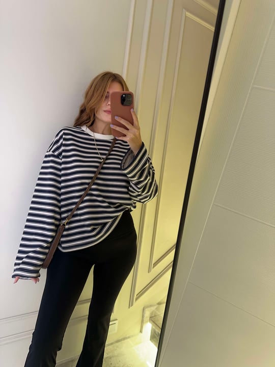 Kadın Bis Yaka Çizgili Sweatshirt - BejLacivert
