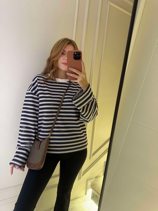 Kadın Bis Yaka Çizgili Sweatshirt - BejLacivert