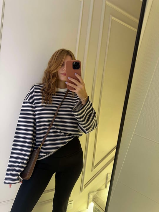 Kadın Bis Yaka Çizgili Sweatshirt - BejLacivert
