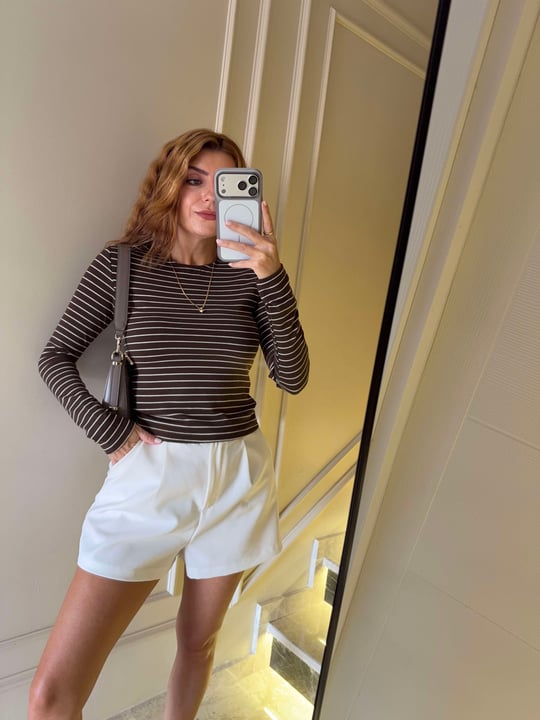 Kadın Bis Yaka Çizgili Viskon Body - Kahve