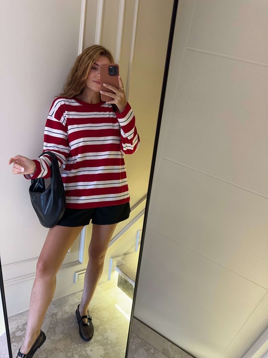 Kadın Bisiklet Yaka Çizgili Sweatshirt - Kırmızı