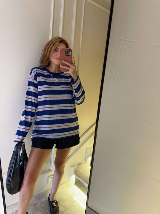 Kadın Bisiklet Yaka Çizgili Sweatshirt - Lacivert