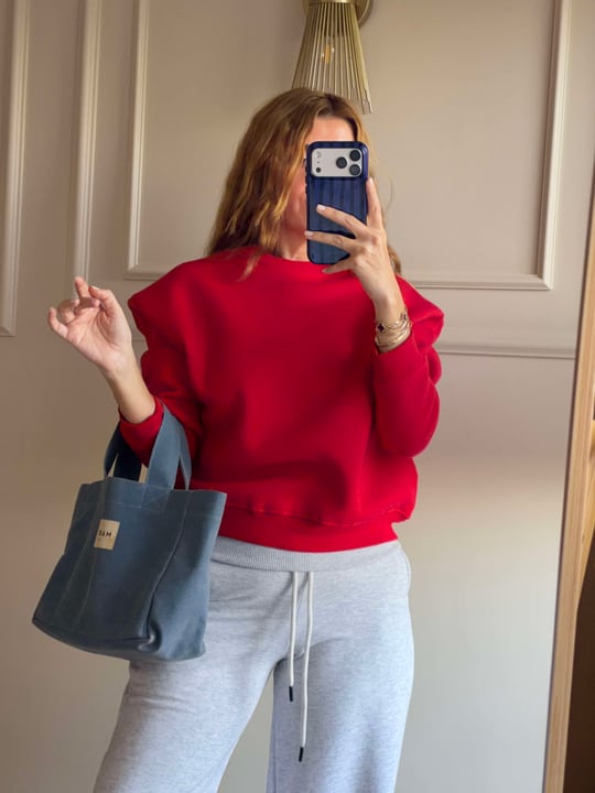 Kadın Bisiklet Yaka Şardonlu Sweatshirt - Kırmızı