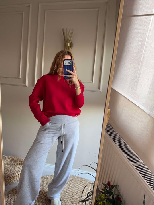 Kadın Bisiklet Yaka Şardonlu Sweatshirt - Kırmızı