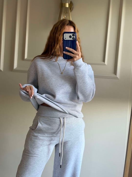 Kadın Bisiklet Yaka Şardonlu Sweatshirt - Melanj Gri