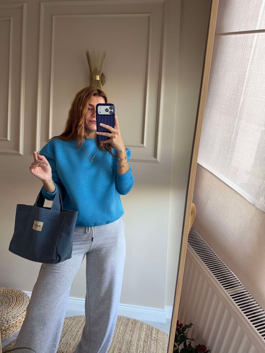 Kadın Bisiklet Yaka Şardonlu Sweatshirt - Mavi