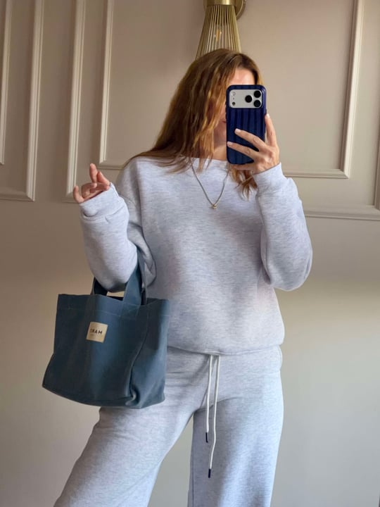 Kadın Bisiklet Yaka Şardonlu Sweatshirt - Melanj Gri