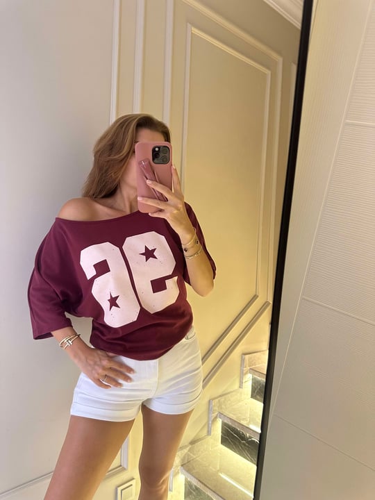Kadın Bordo Kayık Yaka 96 Baskılı Bluz