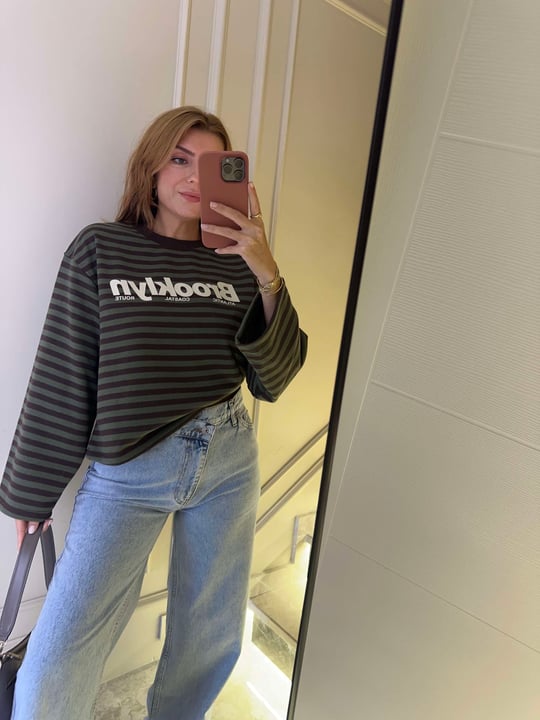 Kadın Brooklyn Baskılı Çizgili Sweatshirt - Haki