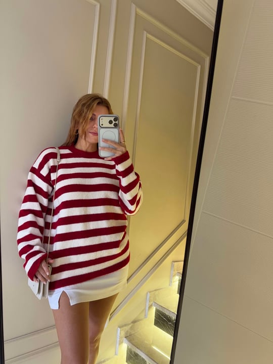 Kadın Çizgili Oversize Kazak - Kırmızı
