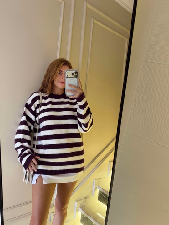 Kadın Çizgili Oversize Kazak - Mürdüm