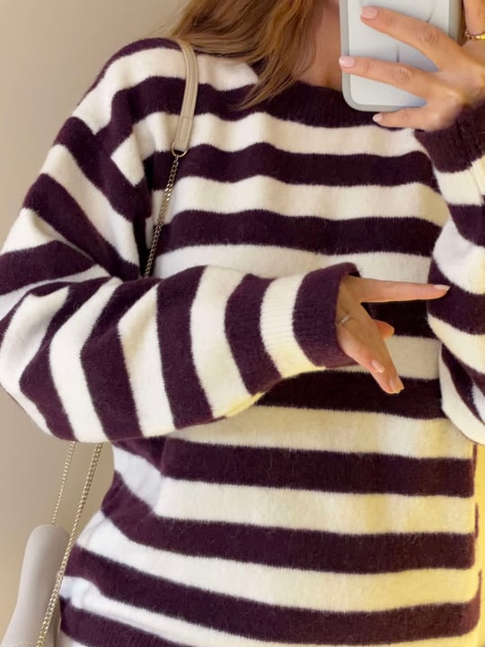 Kadın Çizgili Oversize Kazak - Mürdüm