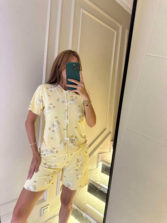 Kadın Fiyonklu Mini Ördek Desen Şortlu Pijama Takım