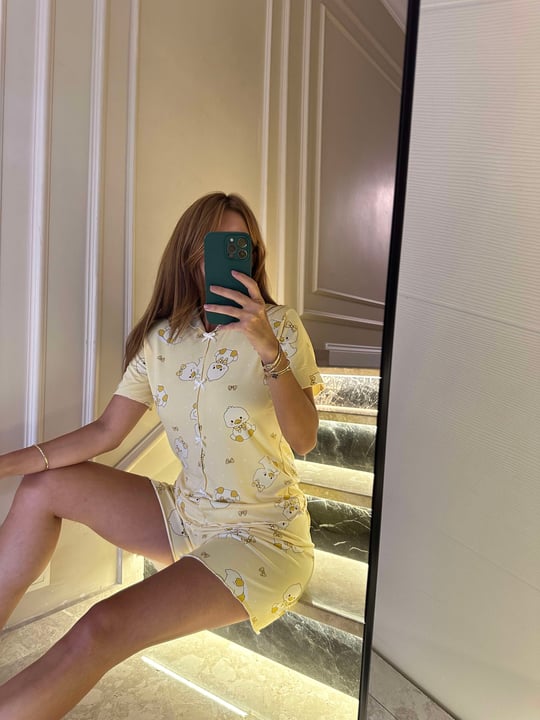 Kadın Fiyonklu Mini Ördek Desen Şortlu Pijama Takım