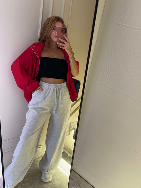 Kadın Geniş Paça Lastikli Jogger Pantolon - Gri Melanj