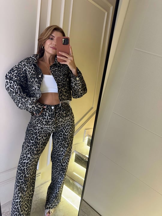 Kadın Leopar Crop Kot Ceket