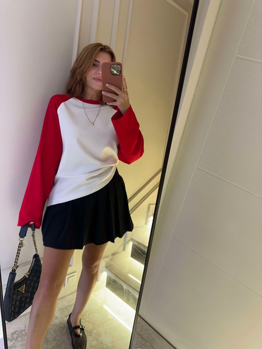 Kadın Modal Kumaş Çift Renk Bluz - KırmızıBeyaz