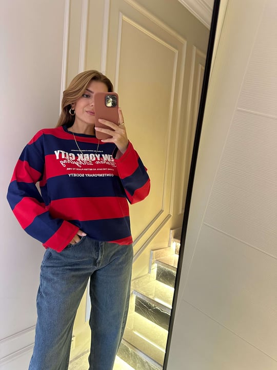 Kadın NYC Baskılı Çizgili Sweatshirt - LacivertKırmızı