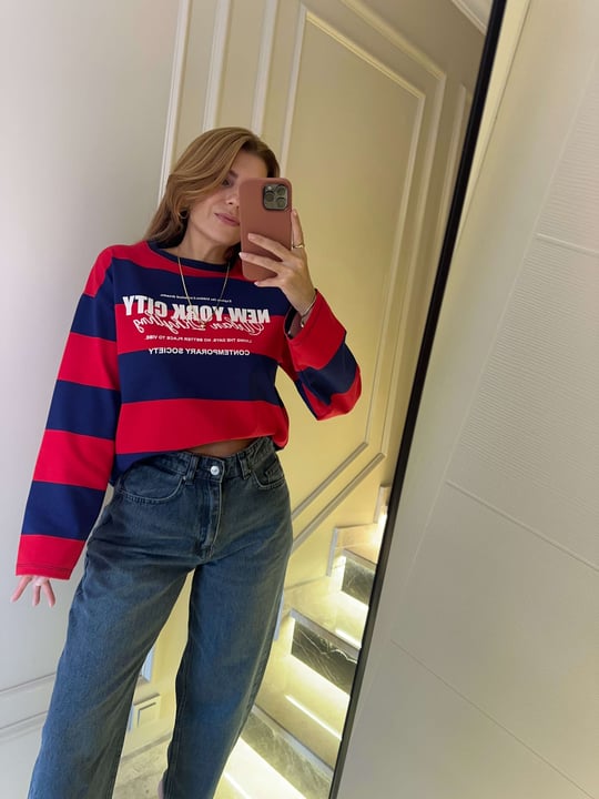 Kadın NYC Baskılı Çizgili Sweatshirt - LacivertKırmızı