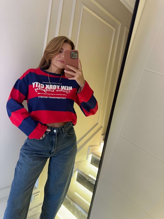Kadın NYC Baskılı Çizgili Sweatshirt - LacivertKırmızı