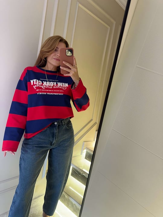 Kadın NYC Baskılı Çizgili Sweatshirt - LacivertKırmızı