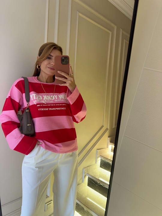 Kadın NYC Baskılı Çizgili Sweatshirt - PembeKırmızı