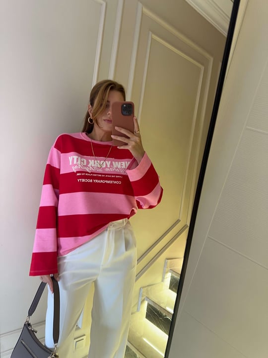 Kadın NYC Baskılı Çizgili Sweatshirt - PembeKırmızı