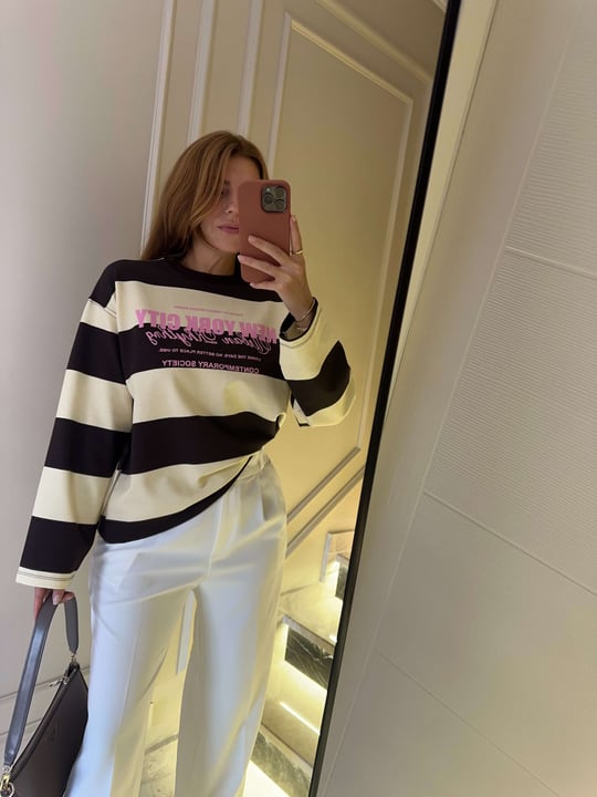 Kadın NYC Baskılı Çizgili Sweatshirt - SarıKahve
