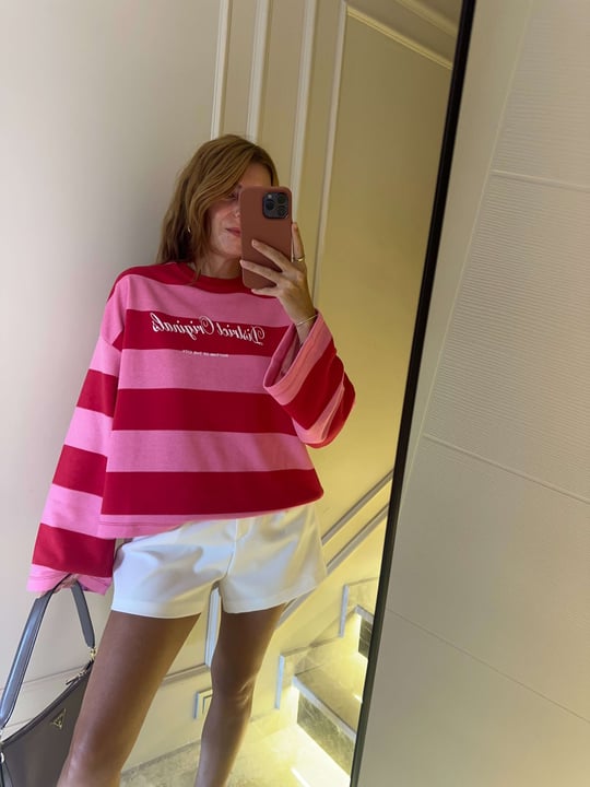 Kadın Ön Arka Baskılı Çizgili Sweatshirt - PembeKırmızı