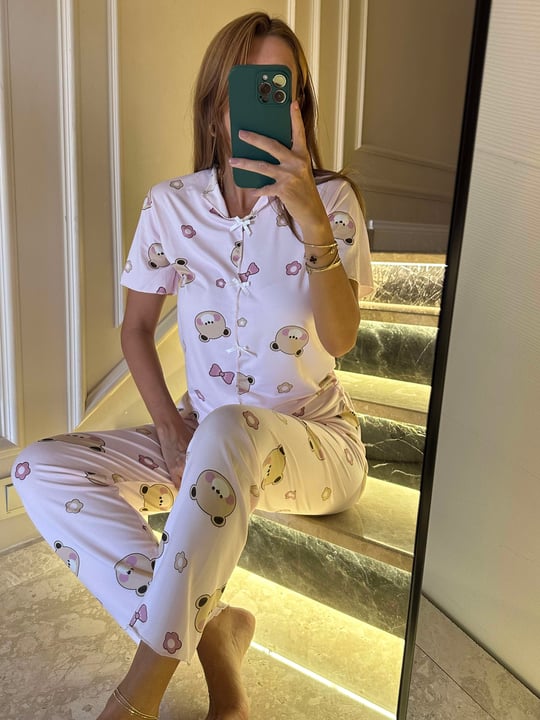 Kadın Pembe Ayıcık Fiyonklu Alt Uzun Pijama Takım