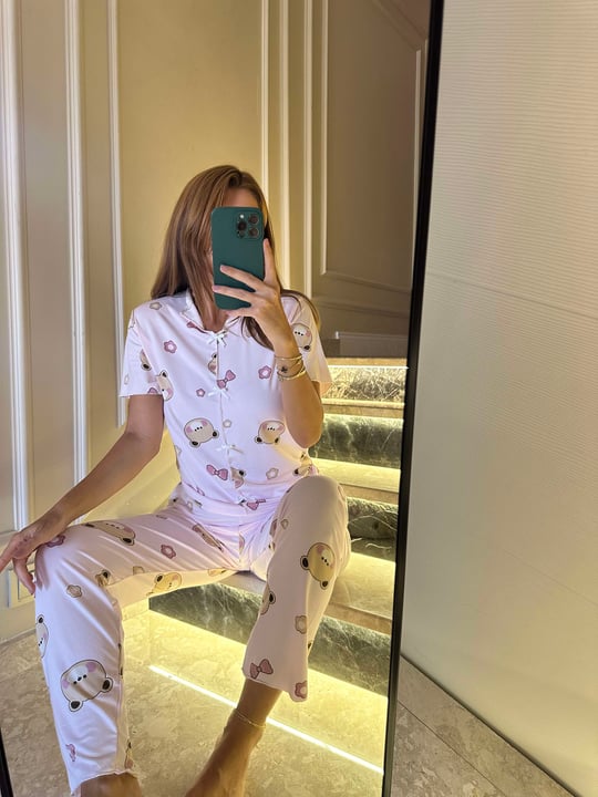 Kadın Pembe Ayıcık Fiyonklu Alt Uzun Pijama Takım