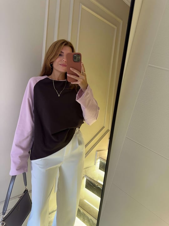 Kadın Reglan Kollu Çift Renk Sweatshirt - PembeKahve