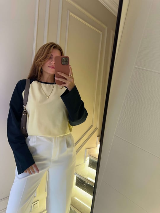 Kadın Reglan Kollu Çift Renk Sweatshirt - SarıLacivert