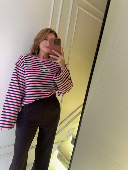 Kadın Too Focused Nakış Çizgili Sweatshirt - Pembe