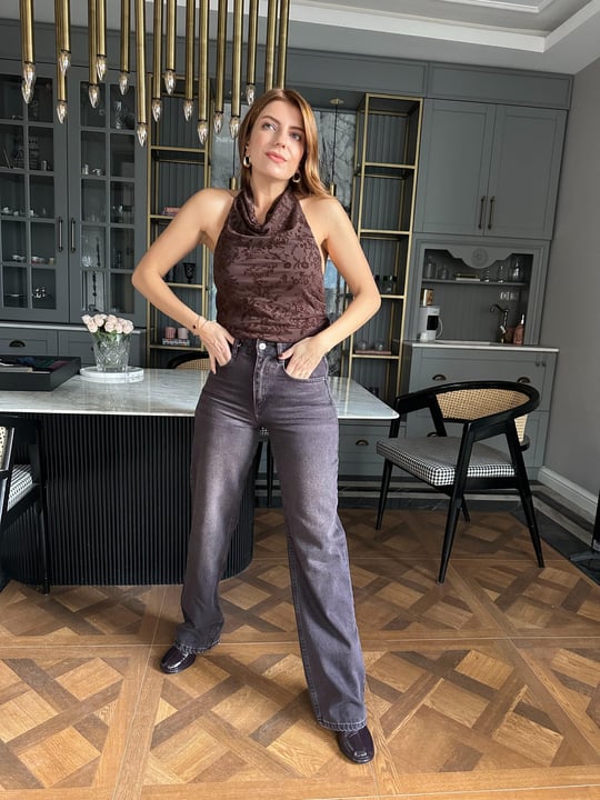 Koyu Kahve Taş Yıkama Wide Leg Jean