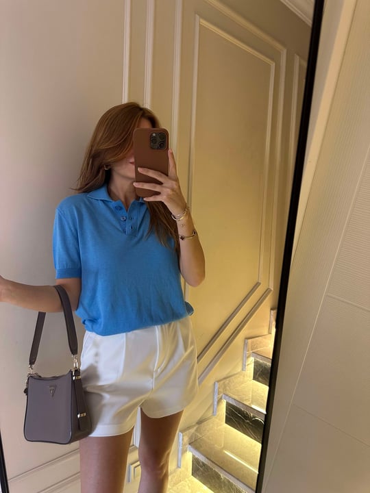 Mavi Polo Yaka İnce Triko Bluz