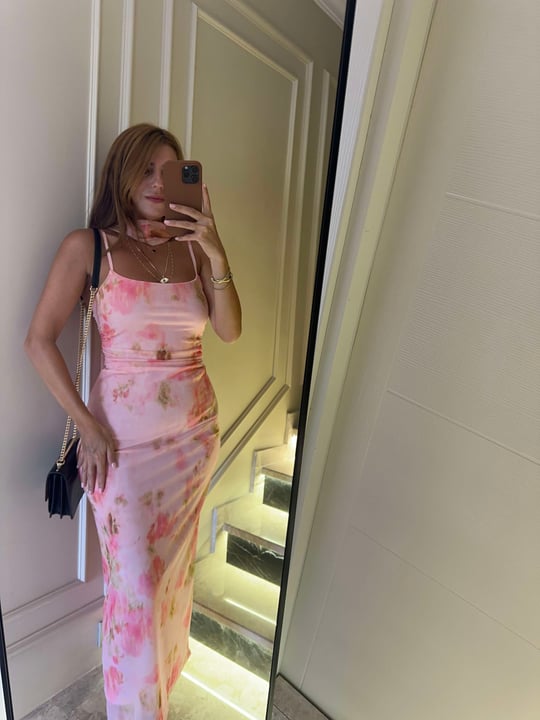 Pembe Çiçek Desen Fularlı Tül Elbise