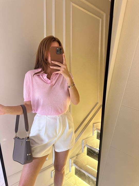 Pembe Polo Yaka İnce Triko Bluz
