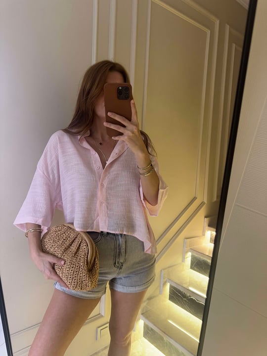 Pembe Viskon Kısa Gömlek