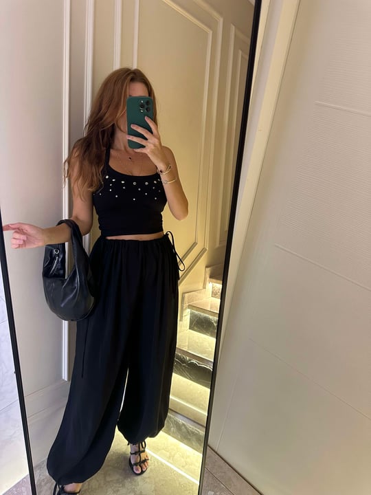 Siyah Beli Ayarlanabilir Bol Paça Pantolon