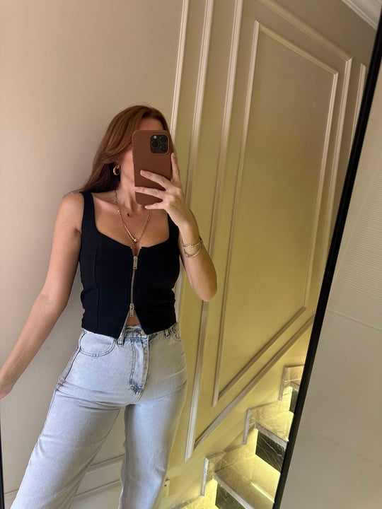 Siyah Pamuk Çift Fermuar Askılı Bluz