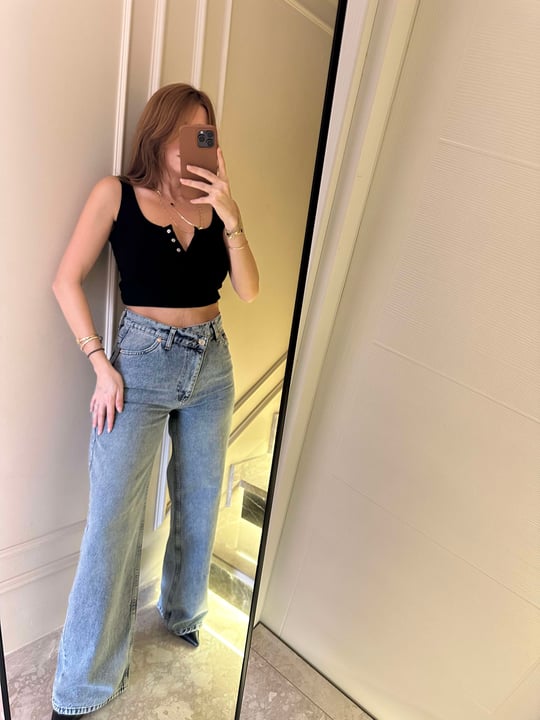Tintli Çapraz Düğme Wide Leg Jean