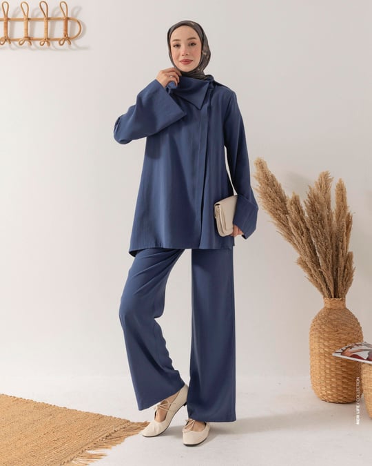Asimetrik Yaka Tunik Pantolon İndigo Takım