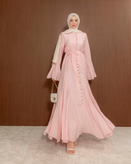 Boydan Düğmeli Pembe Elbise