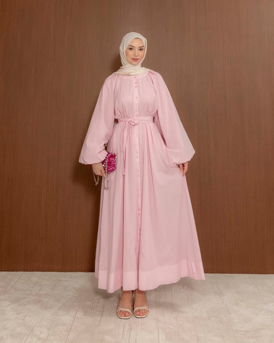 Boydan Düğmeli Pembe Elbise