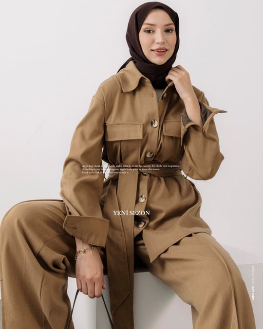 Cep Detaylı Camel Pantolonlu Takım