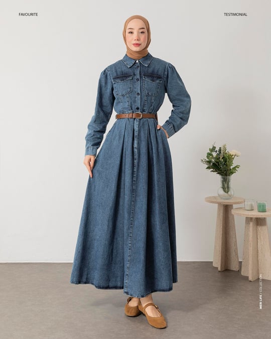 Cep Detaylı Kemerli Mavi Denim Elbise