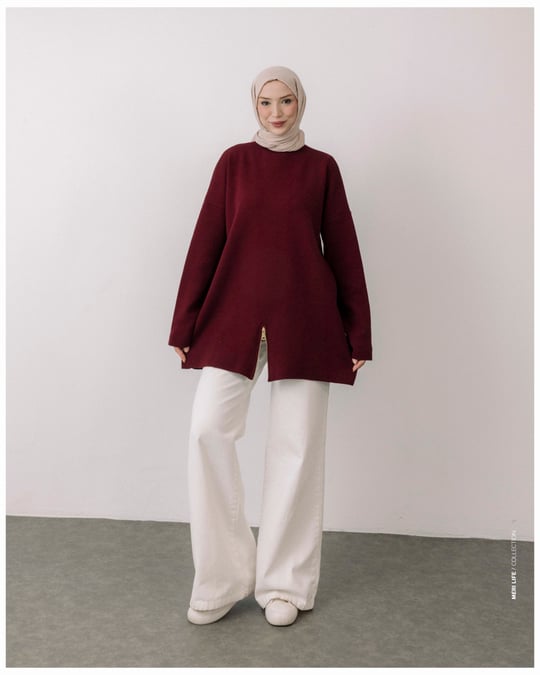 Fermuar Detaylı Bordo Triko Tunik