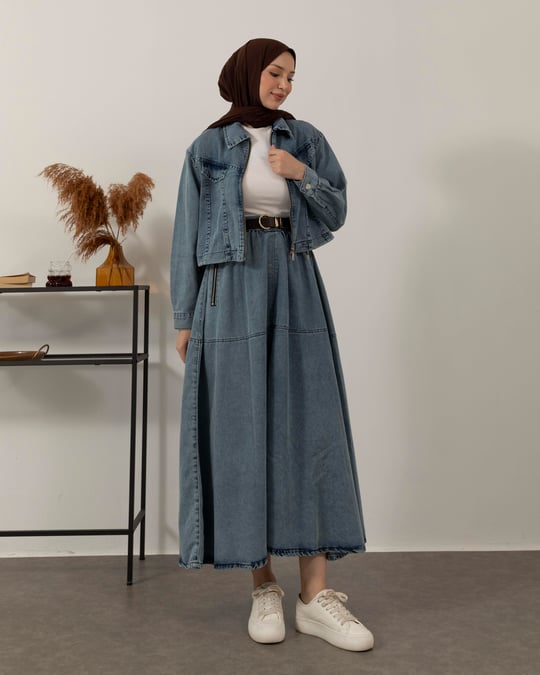 Fermuarlı Ceket Etek Mavi Denim Takım