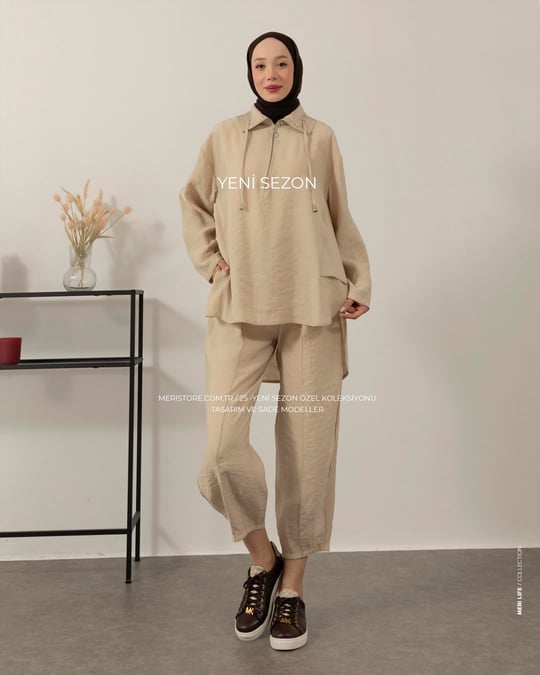 Fermuarlı Tunik Pantolon Taş Takım